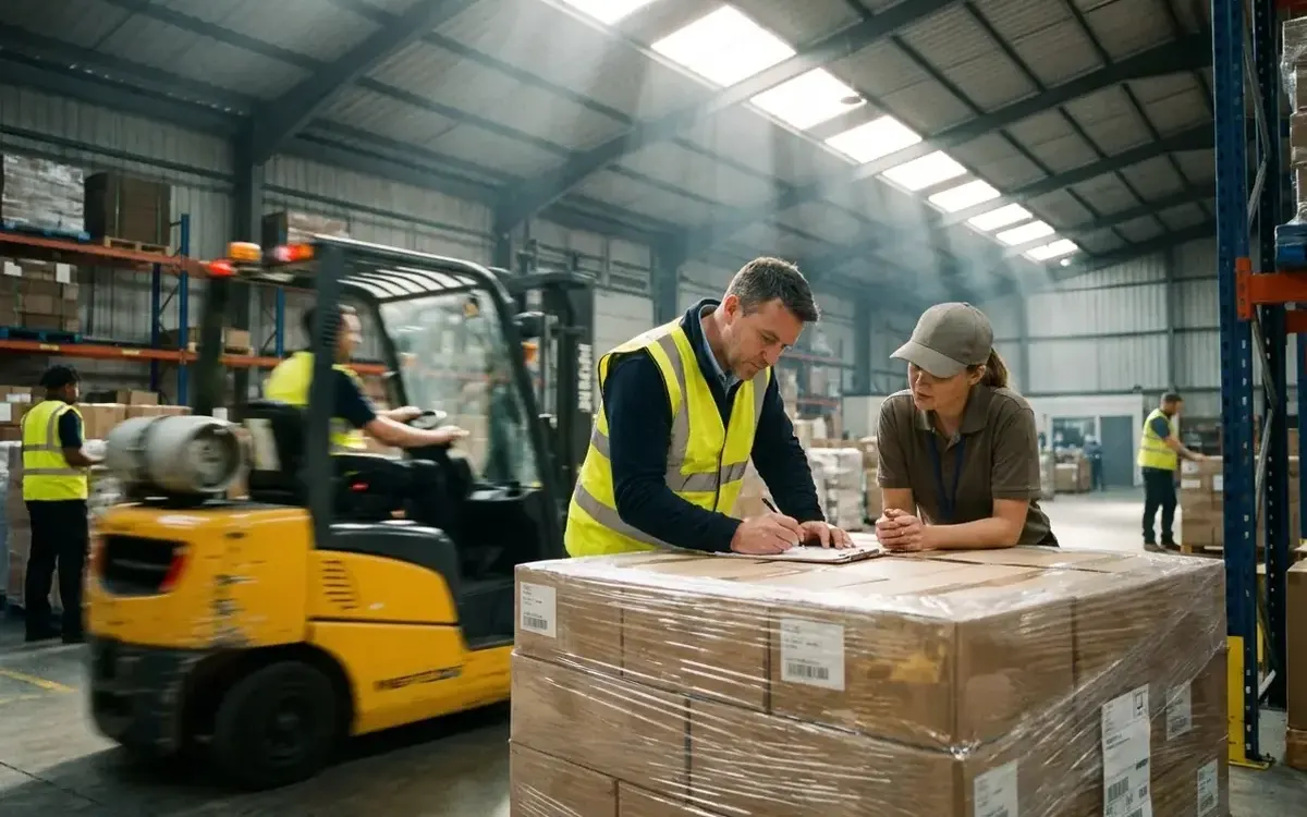 Warehouse workers checking pallets next to a forklift