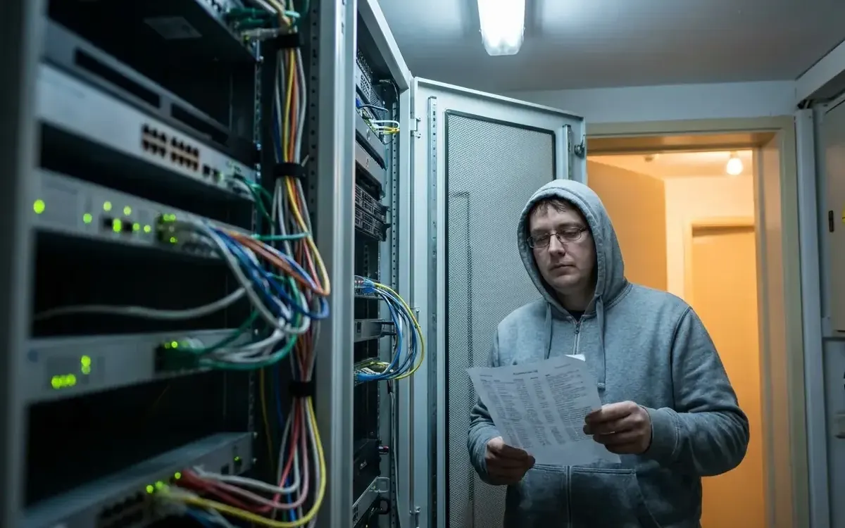 IT specialist with documents in a server room
