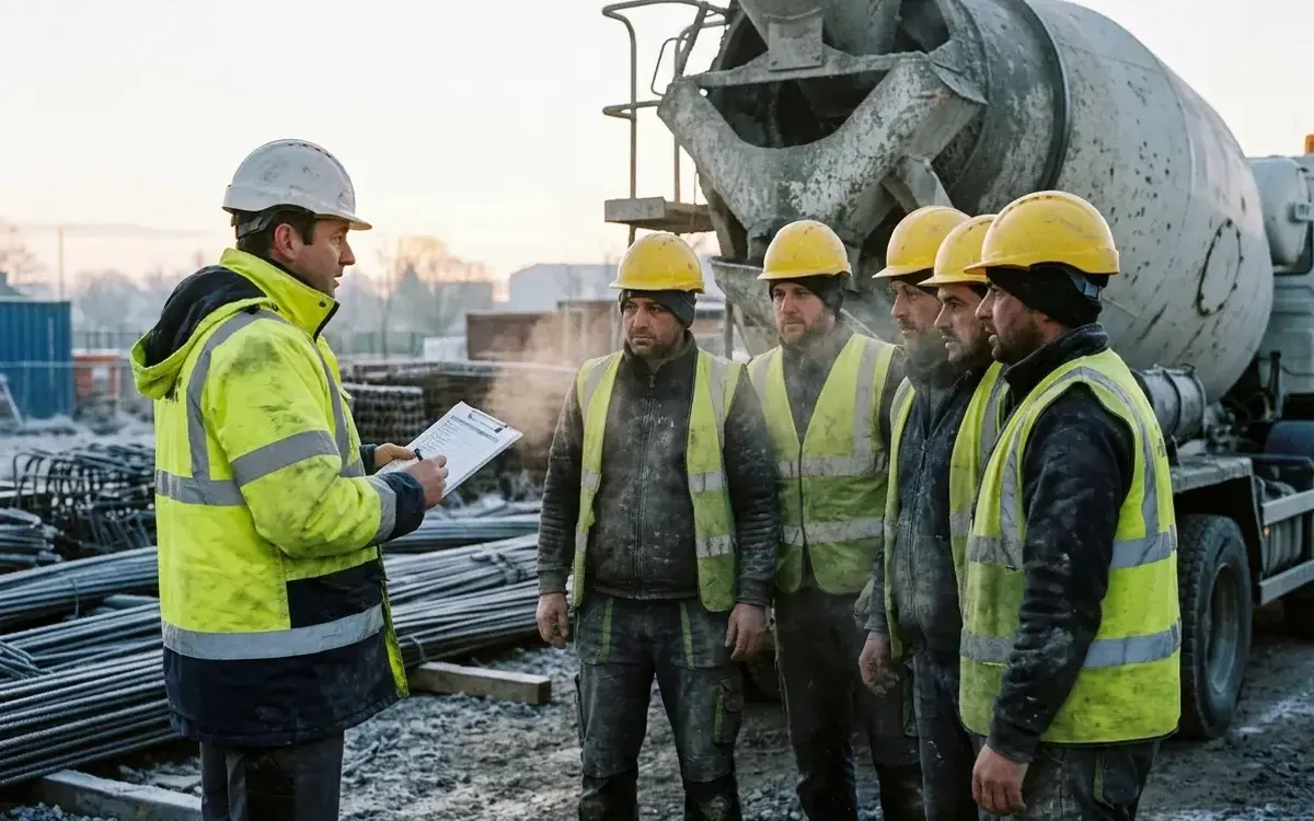 Construction workers in hard hats and high-visibility vests on site