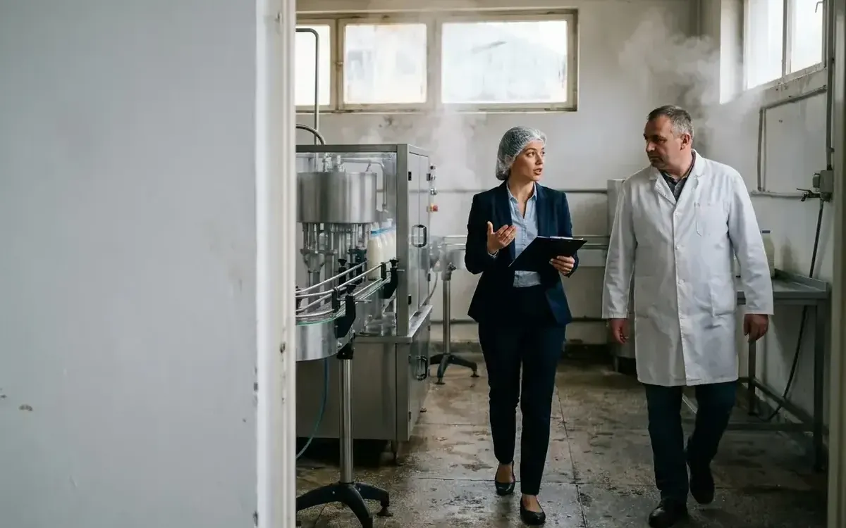 Two auditors walking round a manufacturing plant