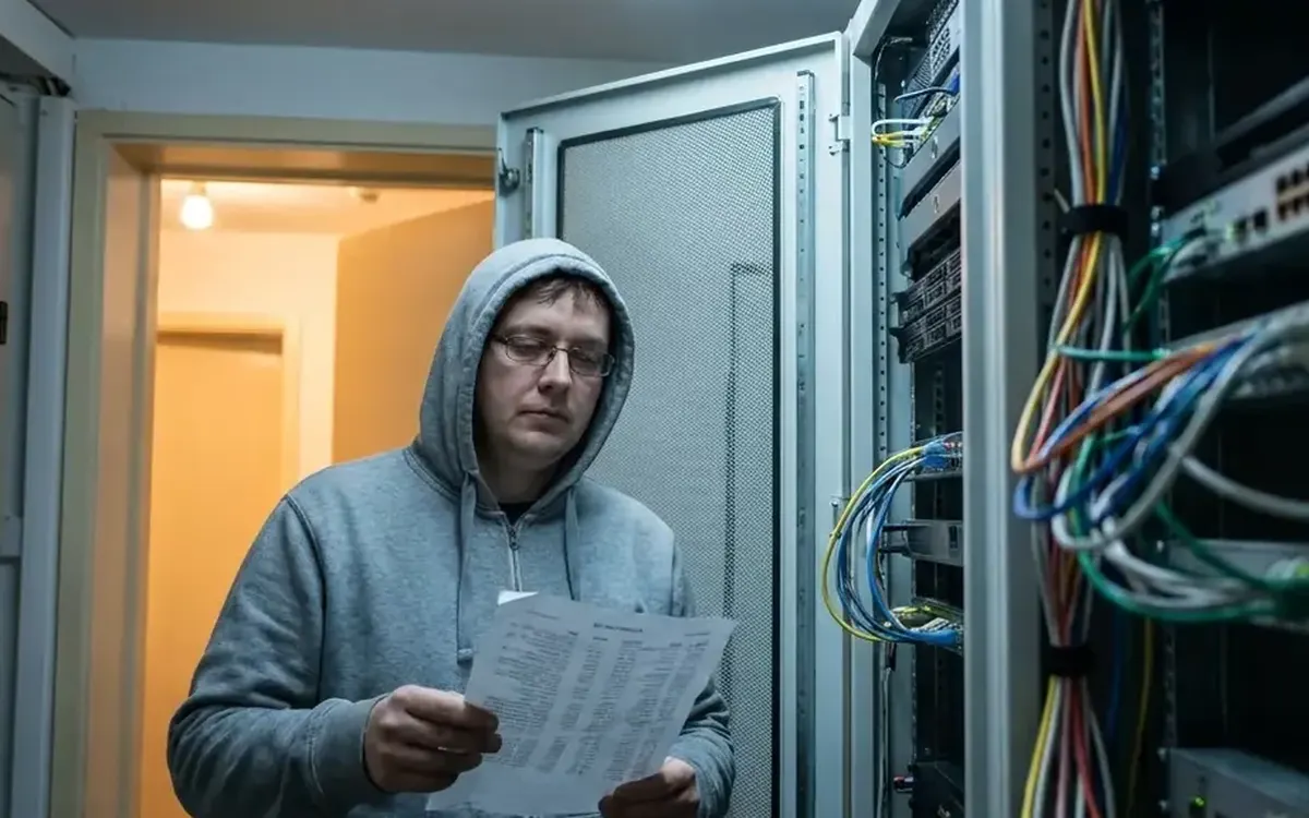 ИТ специалист с документи в сървърно помещение