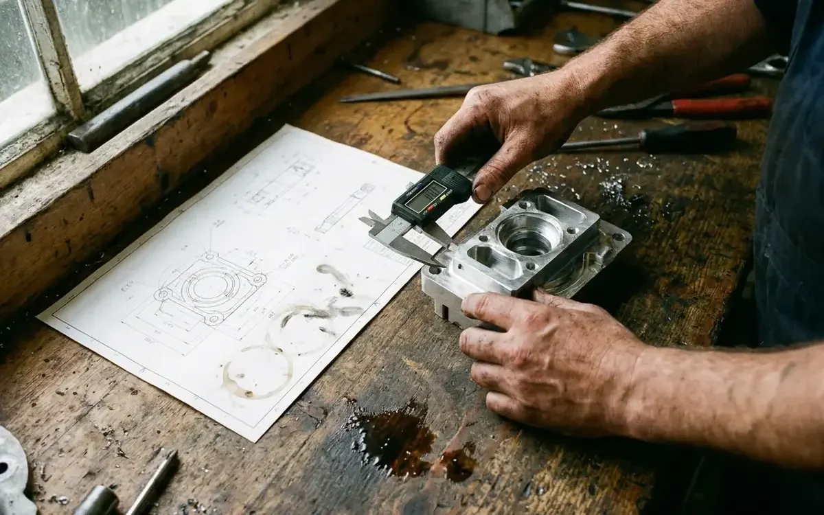 Craftsman checking a metal part against a technical drawing