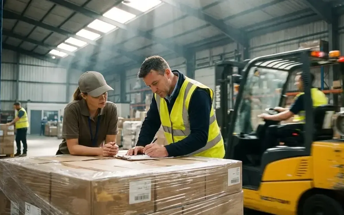 Employees in high-visibility vests in a warehouse with a forklift