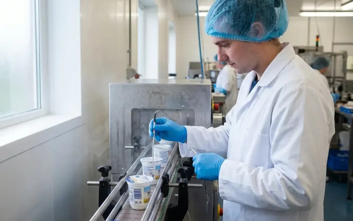 A technologist in hygienic clothing on a food production line