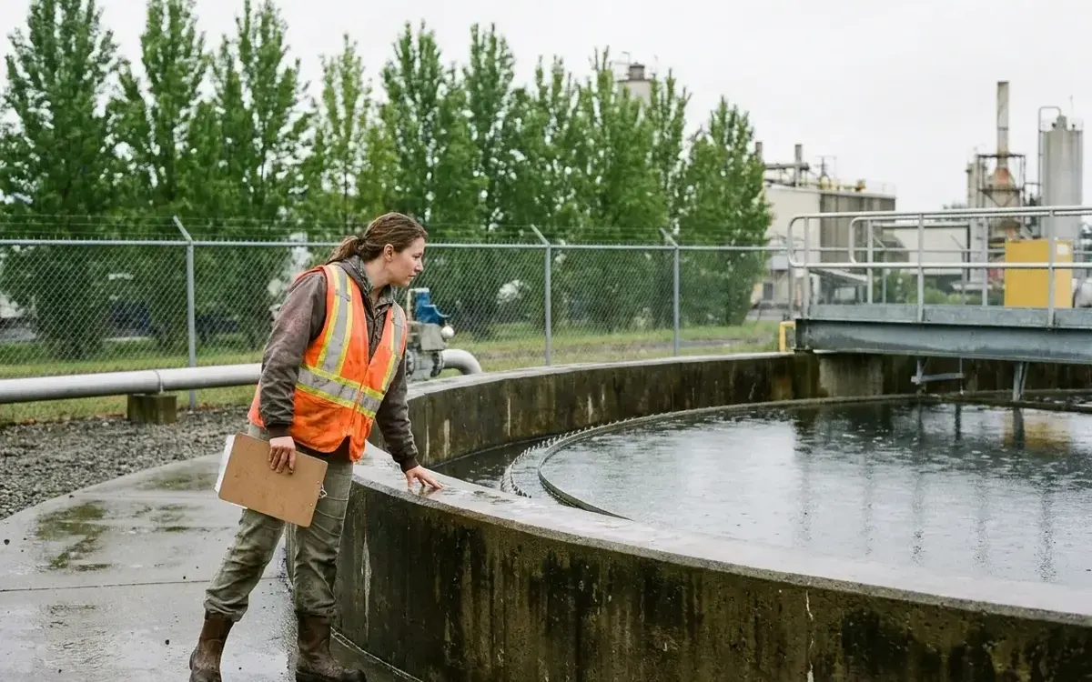 A specialist with a folder inspecting a treatment facility