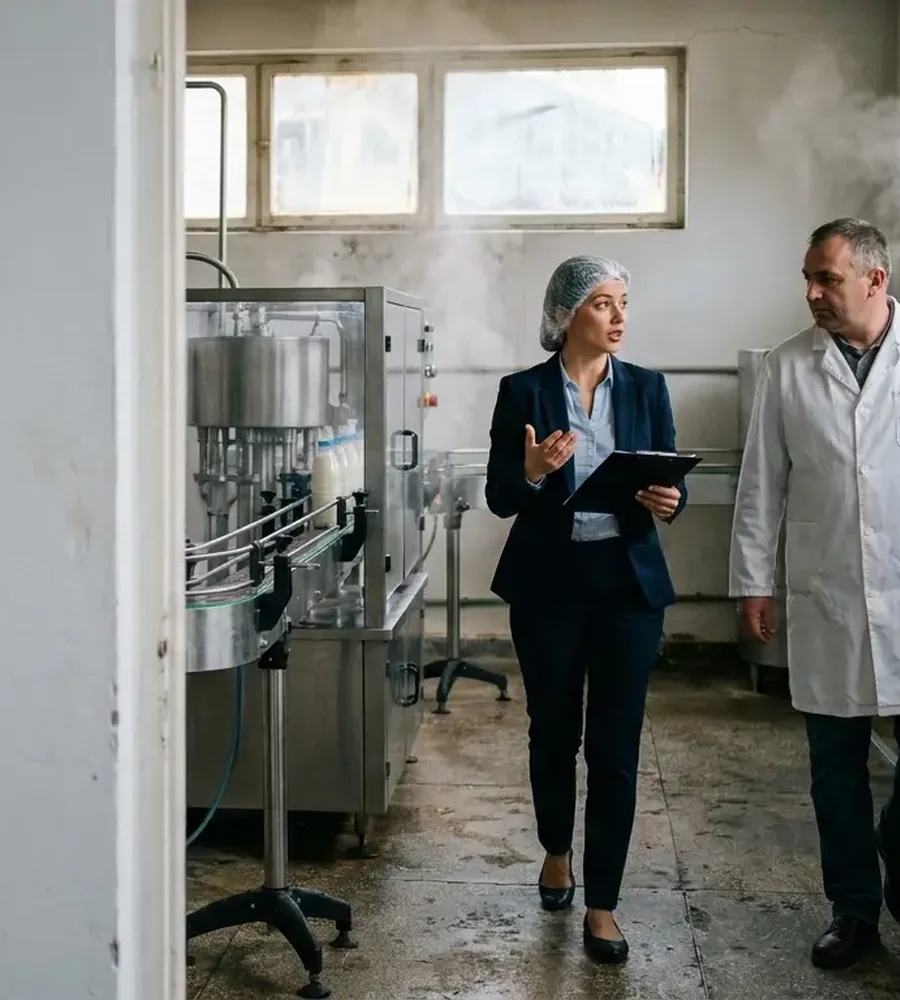 Auditor inspecting a production line together with the production manager