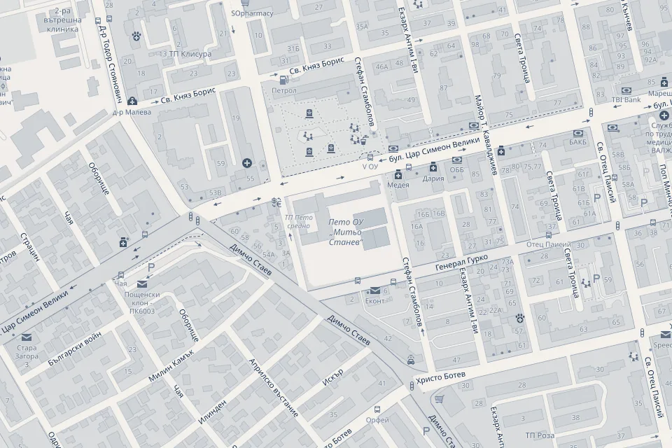 Map of the area around 28 Ekzarh Antim I St. in Stara Zagora